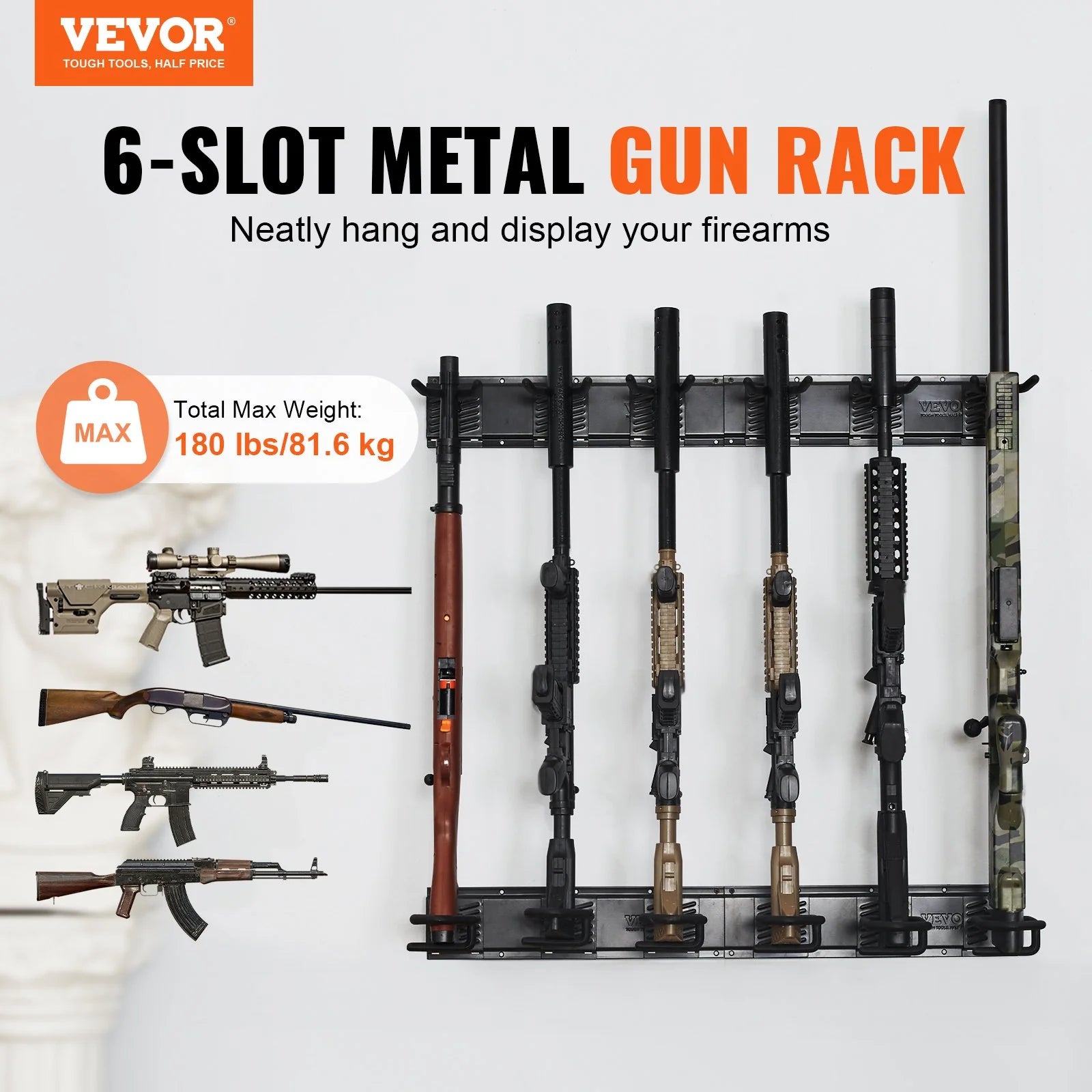 VEVOR Gun Rack, Indoor Gun Rack Wall Mount, 6-Slot Vertical Rifle Shotgun Gun Rack, 180 Lb Heavy Duty Metal Wall Gun Rack Display Stand with Soft Padding